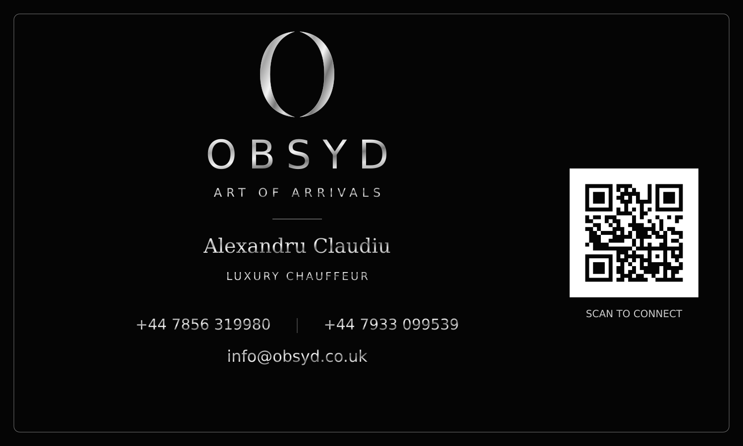 OBSYD business card with Alexandru Claudiu, both phone numbers, email and QR code